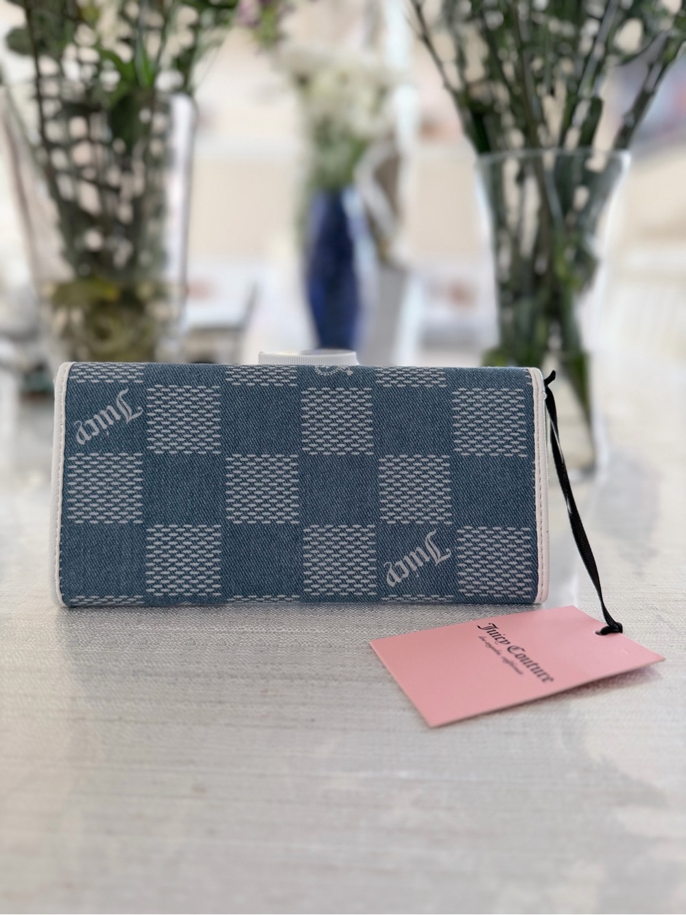 Juicy Couture Blue Denim Check Clutch Wallet with White Trim - Picture 2 of 8